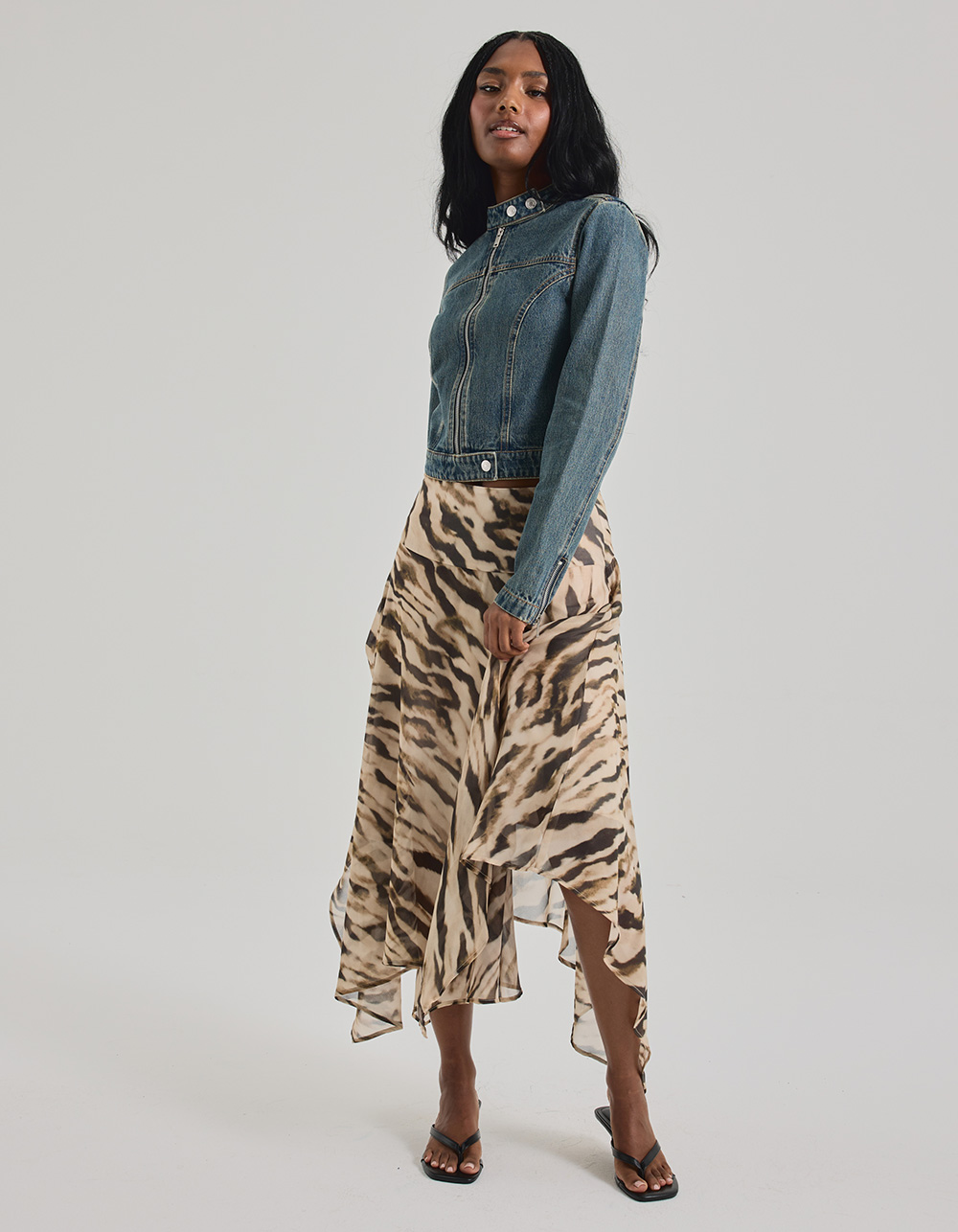 WEST OF MELROSE Asymmetric Animal Print Womens Midi Skirt - BROWN COMBO