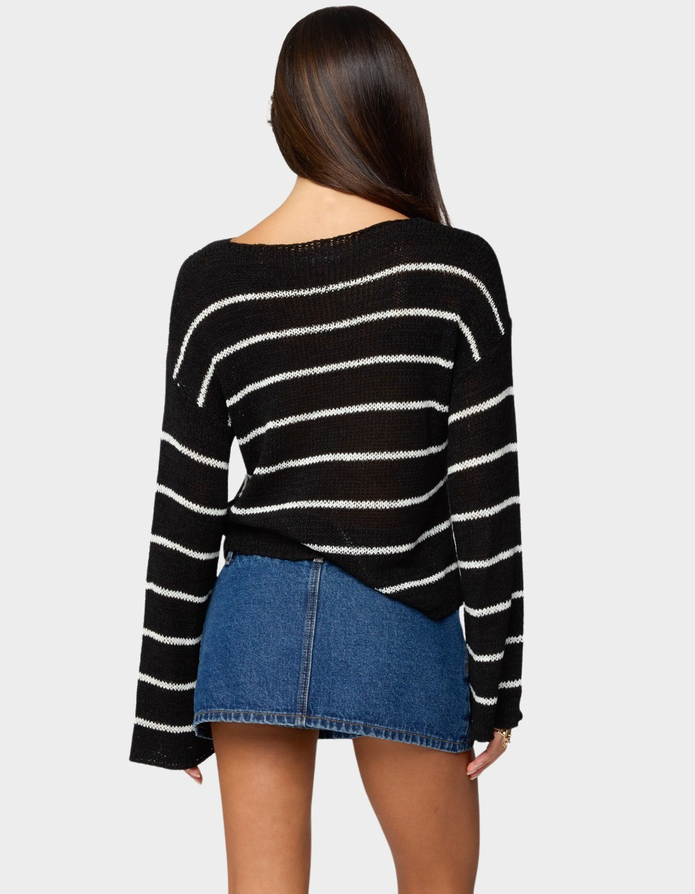 EDIKTED Striped Drop Shoulder Light Knit Sweater - BLACK