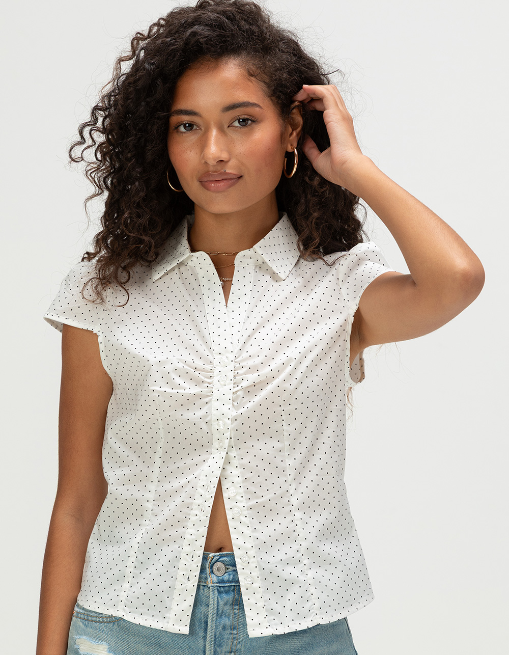 LOVE TREE Womens Polka Dot Button Up Shirt - WHITE