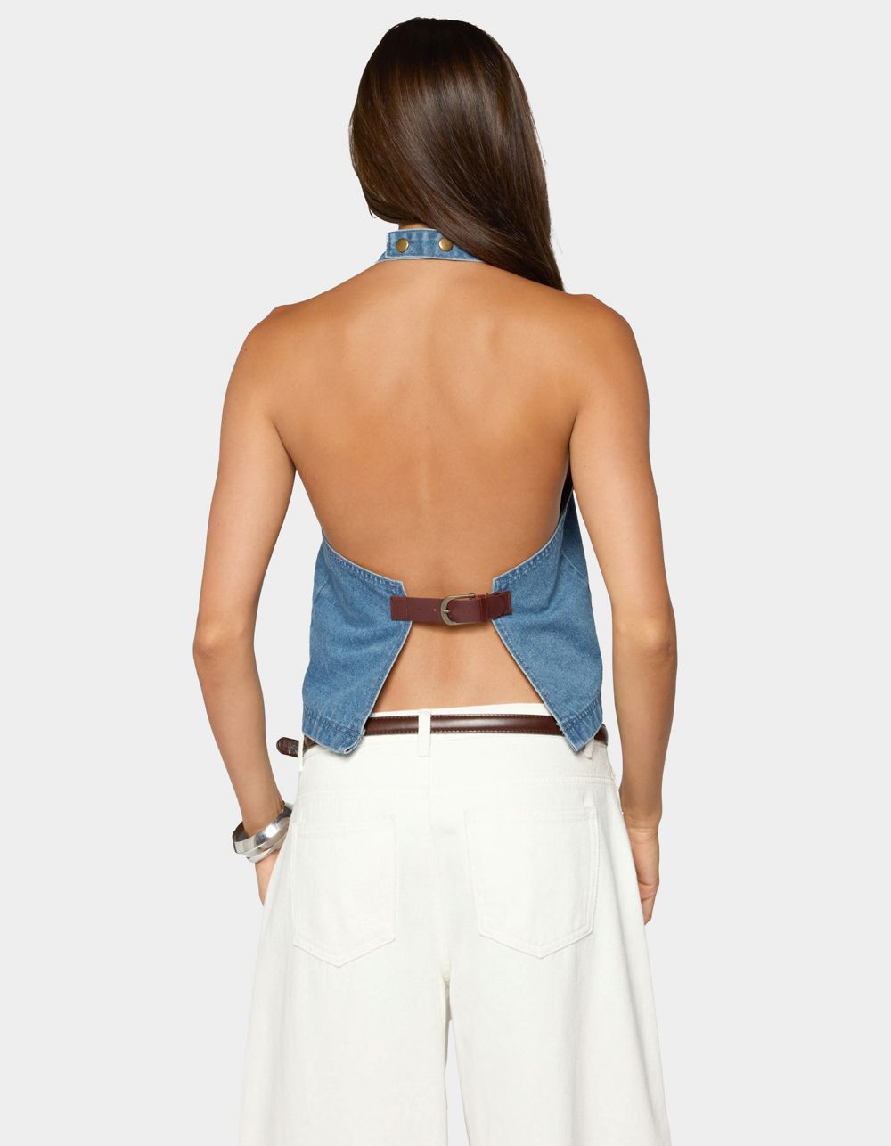 EDIKTED Teddie Backless Denim Halter Top - LIGHT BLUE