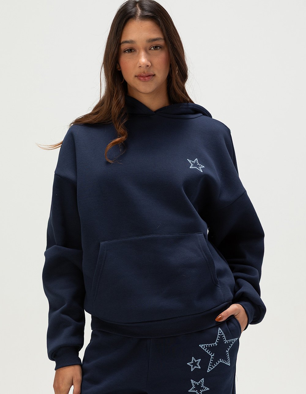 FULL TILT Womens Embroidered Star Hoodie - NAVY COMBO