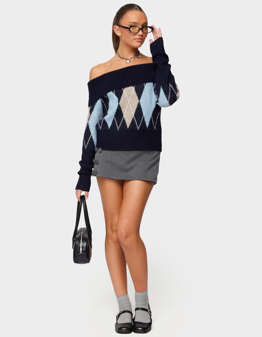 EDIKTED Jakarie Argyle Foldover Sweater - NAVY