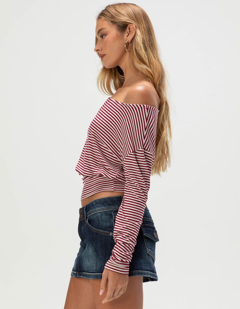 RSQ Womens Stripe Off The Shoulder Long Sleeve Top - BURGUNDY COMBO