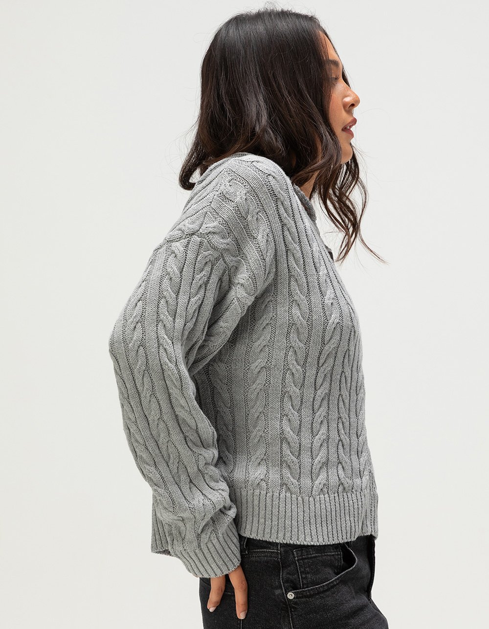 RSQ Womens Cable Knit Zip-Up Sweater - HEATHER GRAY