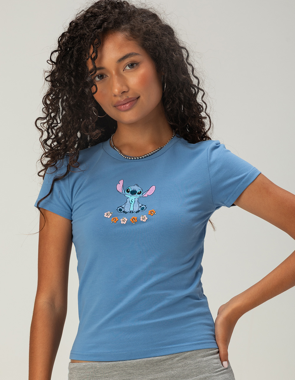 RSQ Disney Stitch Womens Embroidered Baby Tee - BLUE