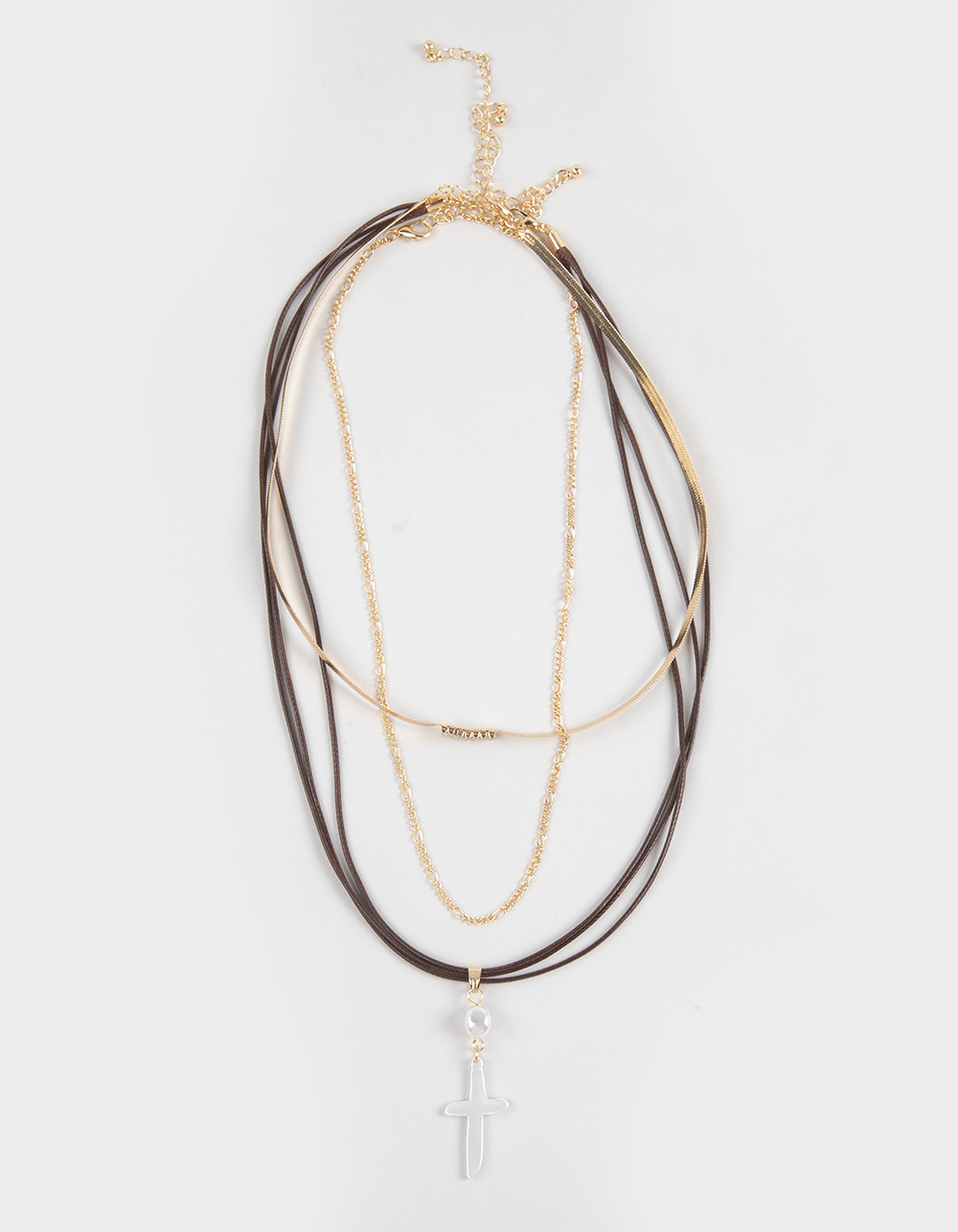 FULL TILT 5 Row Cord/Pearl/Cross Necklace - GOLD