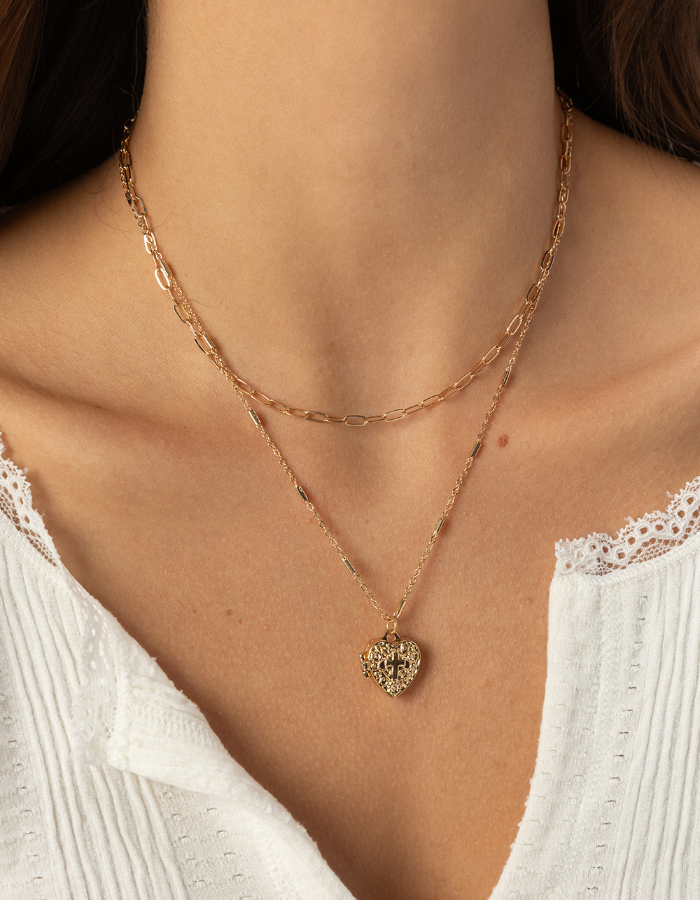 FULL TILT Layered Cross/Heart Locket Necklace - GOLD