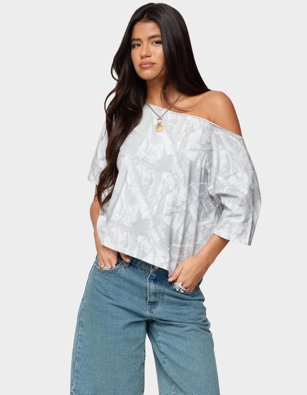 EDIKTED Davida Off Shoulder Camo Top - GRAY