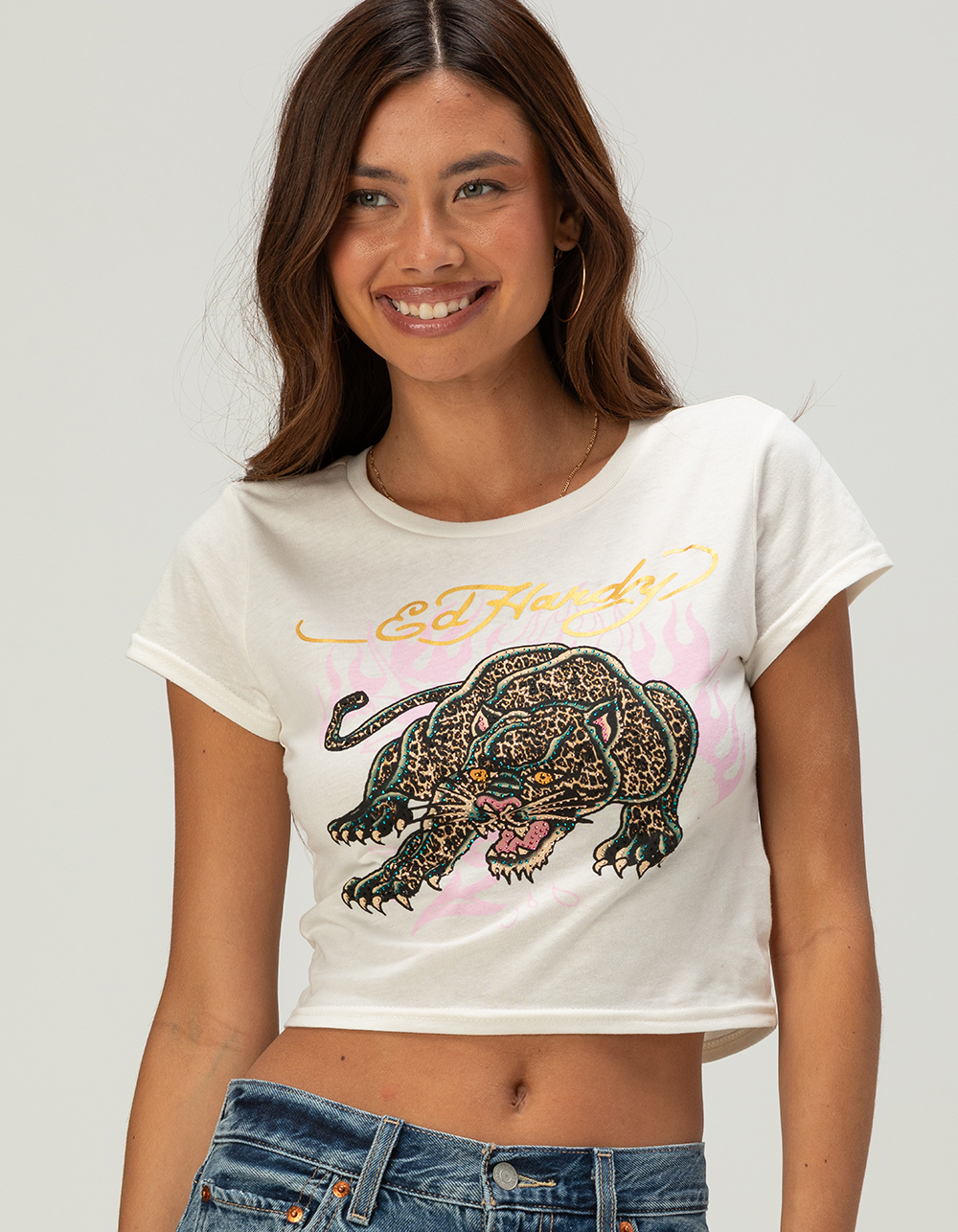 ED HARDY Leopard Panther Womens Rhinestone Baby Tee - IVORY