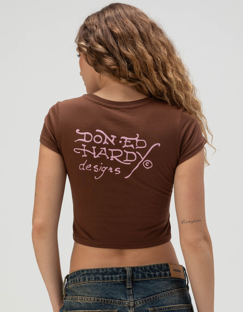 ED HARDY Rhinestone Tiger Womens Baby Tee - BROWN
