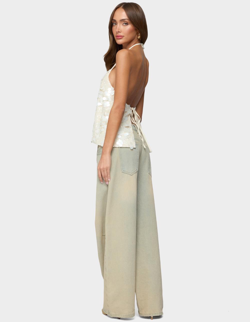 EDIKTED Ellorie Backless Sequin Halter Top - BEIGE