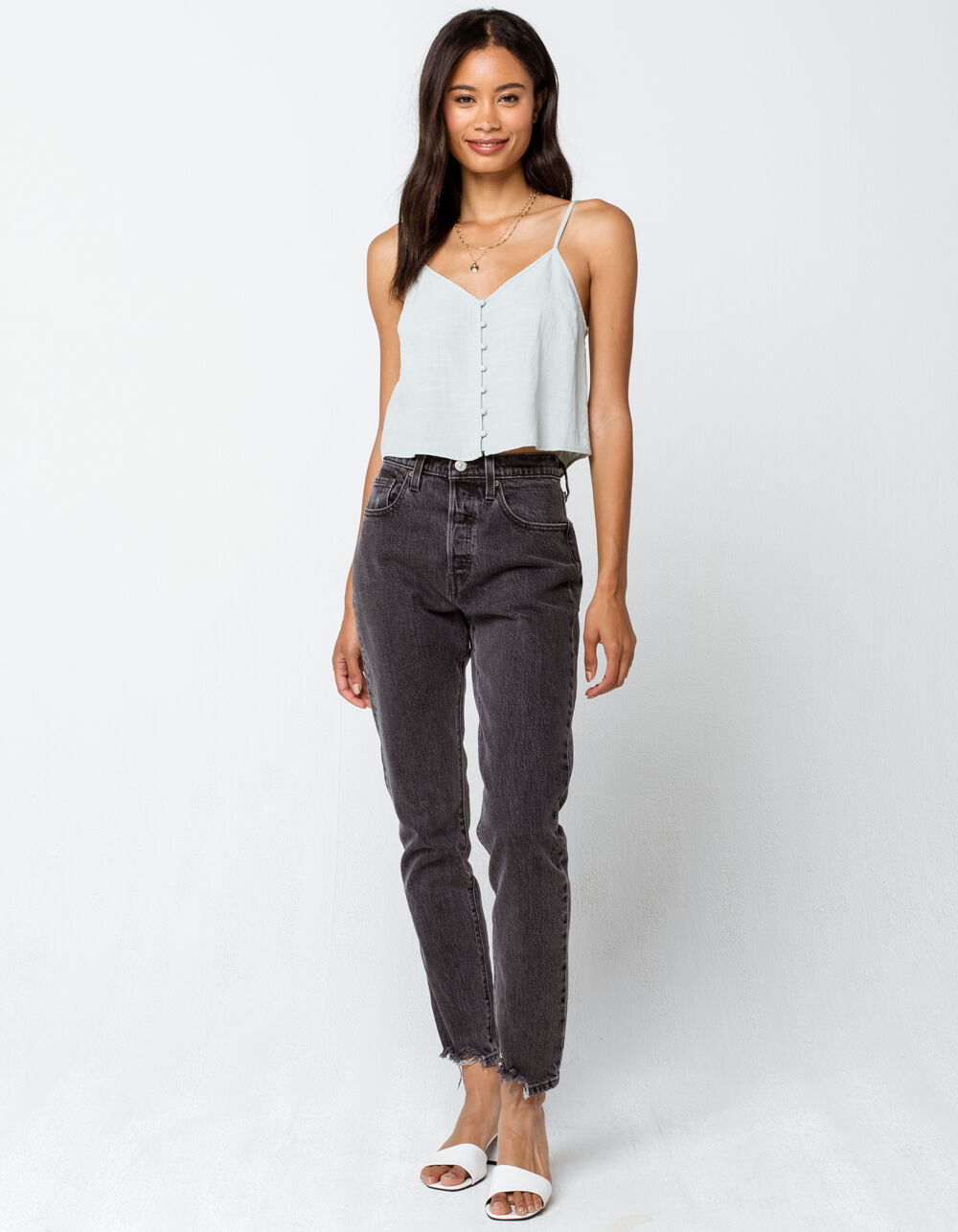 SKY AND SPARROW Solid Button Front Womens Sage Crop Cami - SAGE | Tillys