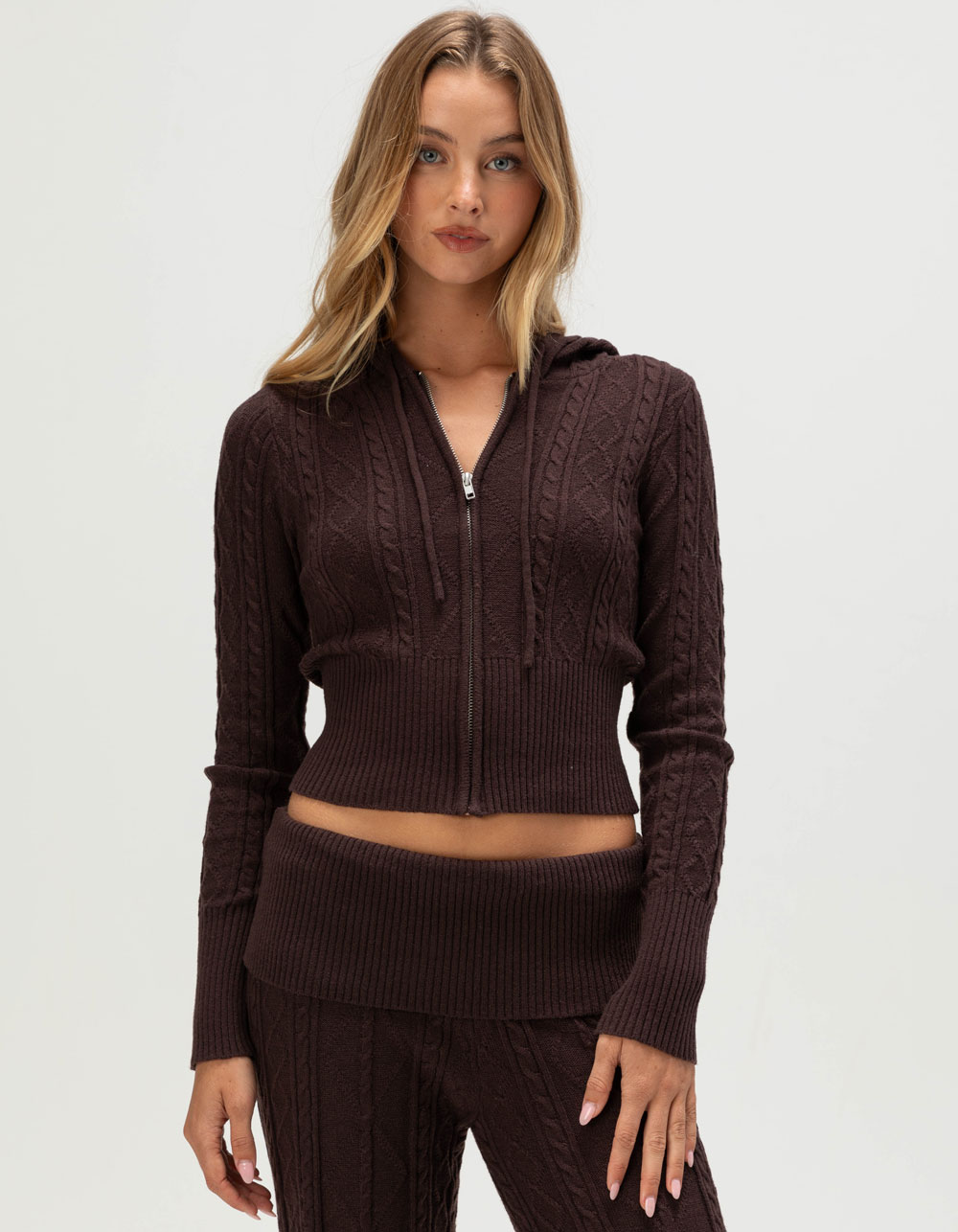 FULL TILT Cable Knit Womens Zip-Up Hoodie - BROWN