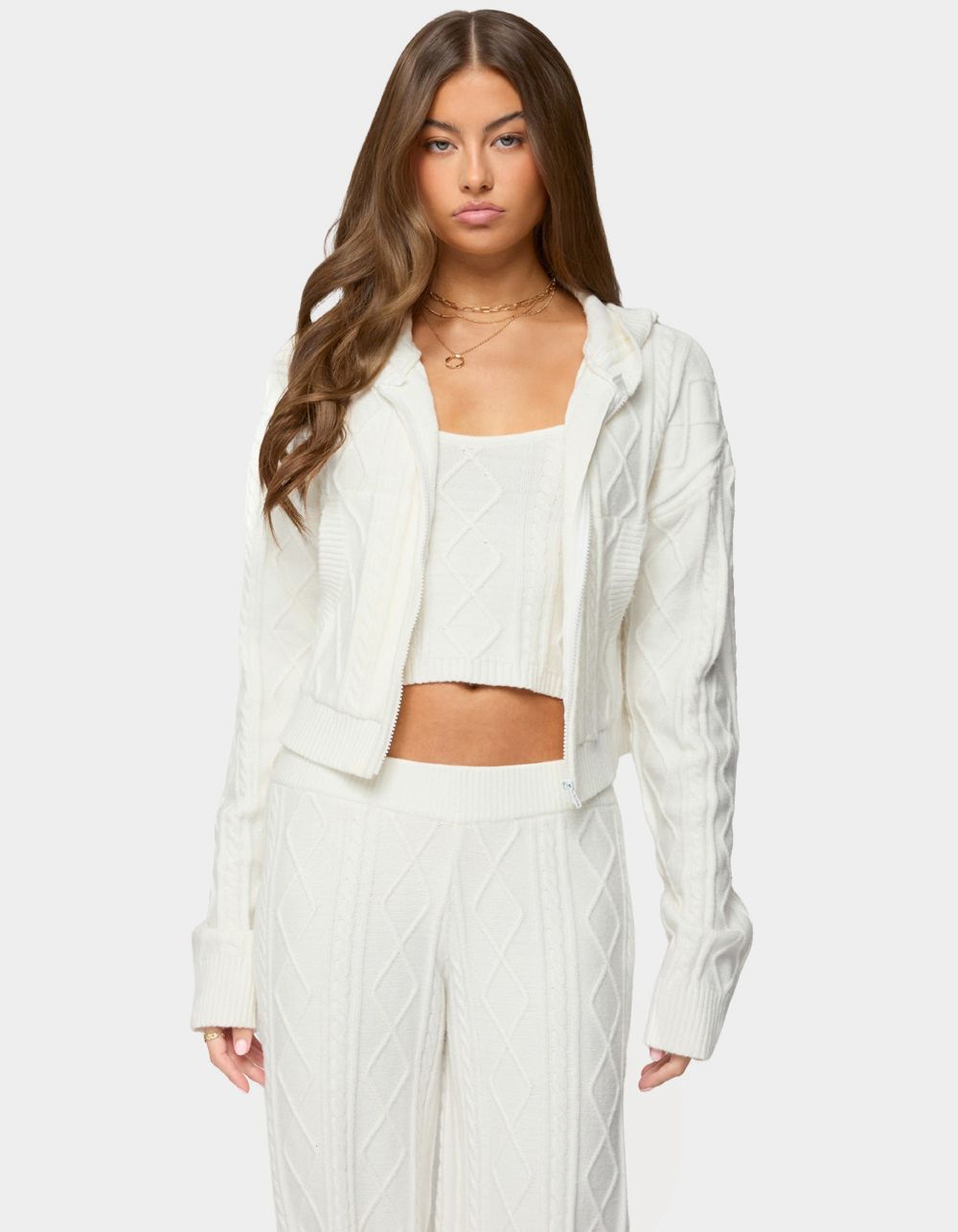EDIKTED Louise Cable Knit Hooded Cardigan - WHITE