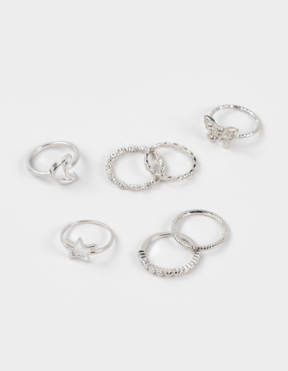 FULL TILT 7 Pack Star/Moon/Butterfly Dainty Rings - SILVER