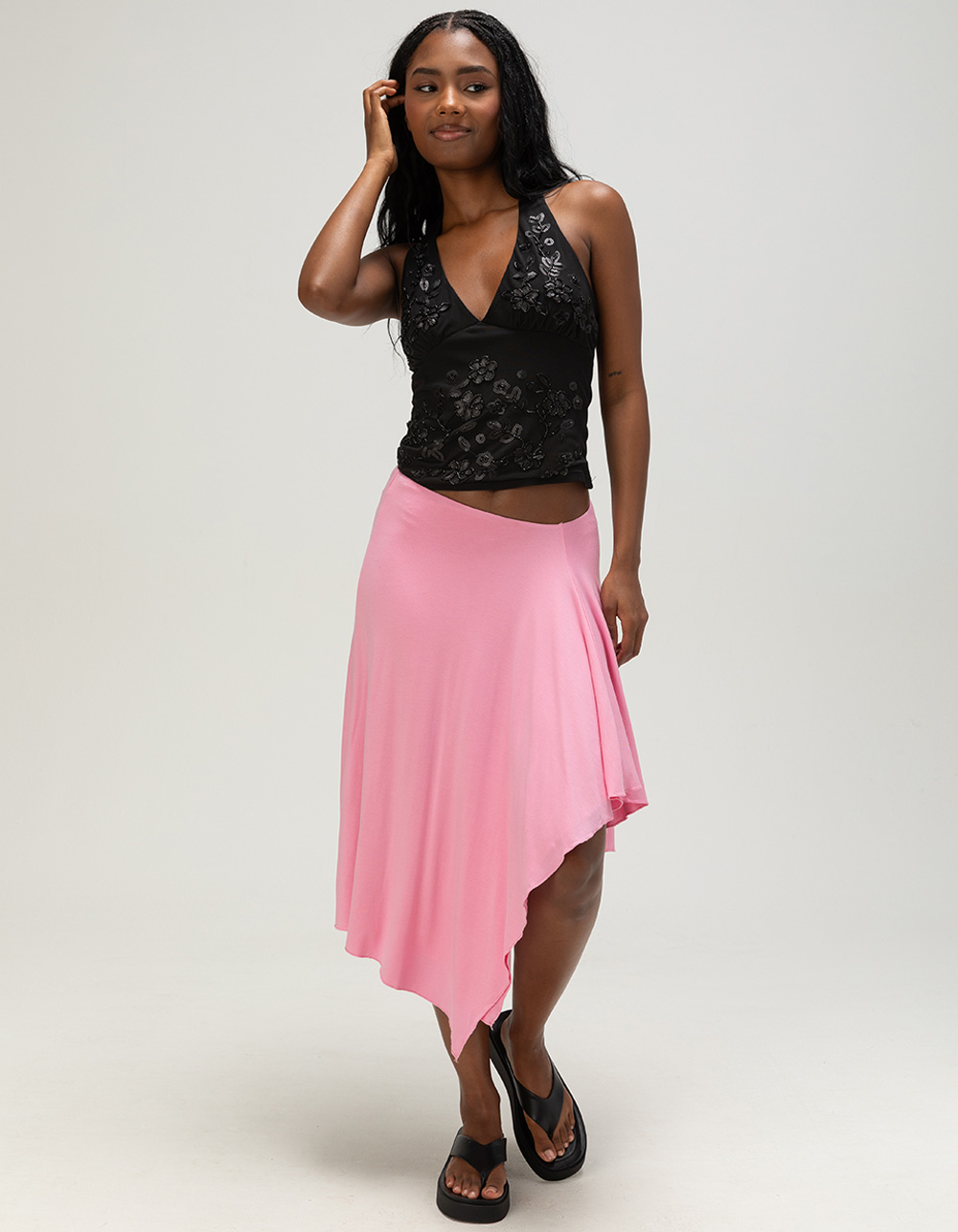 FULL TILT Womens Asymmetric Midi Skirt - PINK