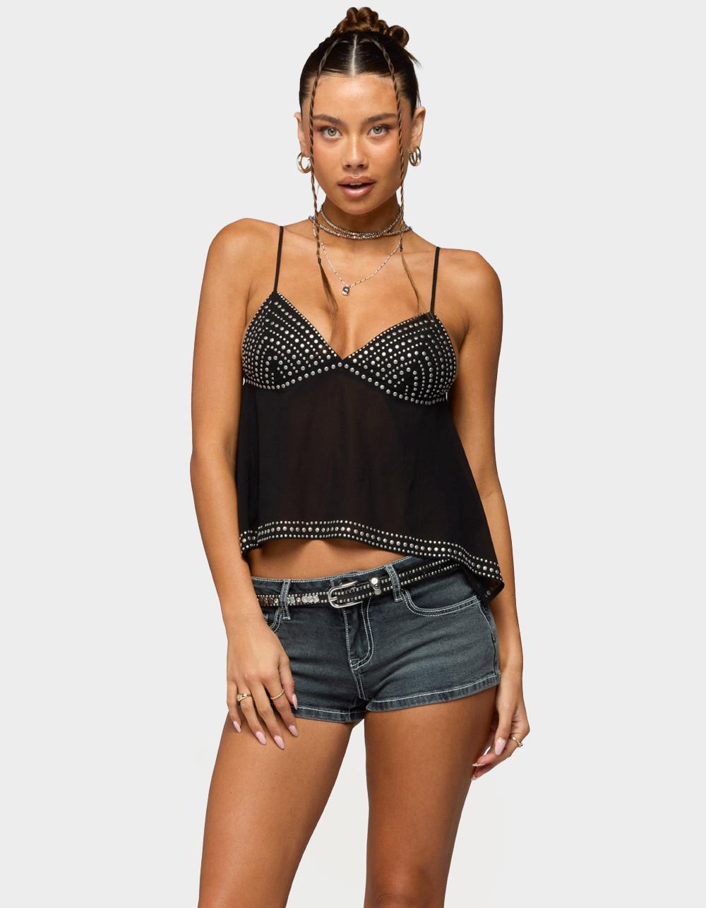 EDIKTED Studded Asymmetric Sheer Babydoll Top - BLACK