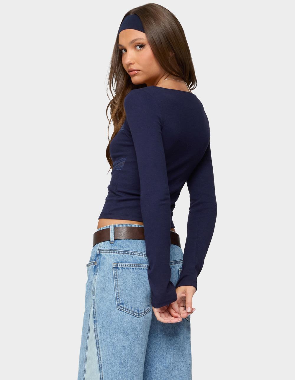 EDIKTED Kathi Lacey Long Sleeve Top - NAVY