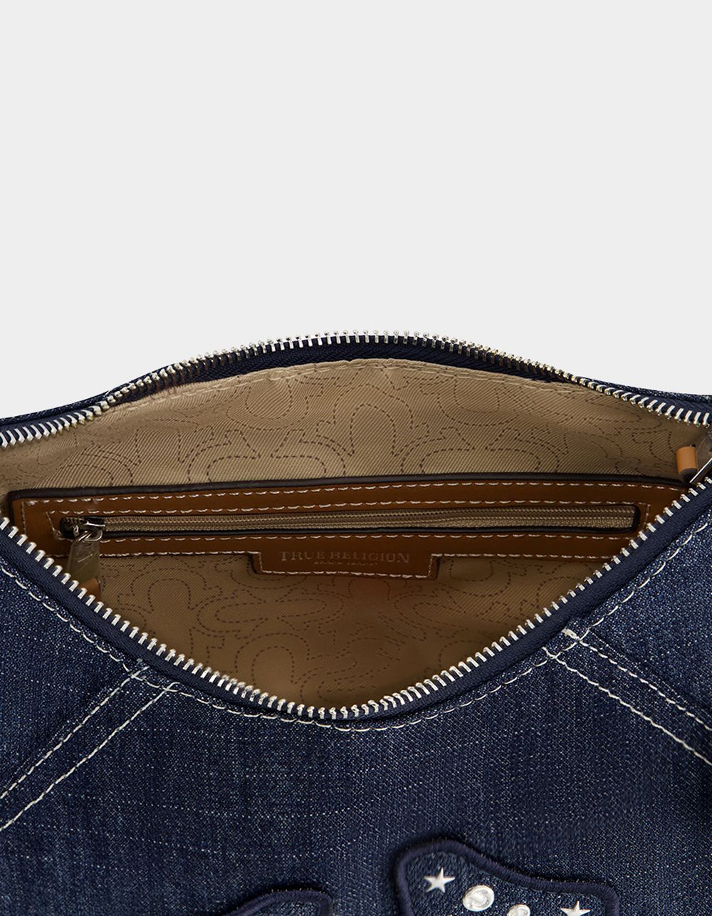 TRUE RELIGION Studded Logo Denim Hobo Bag - DENIM