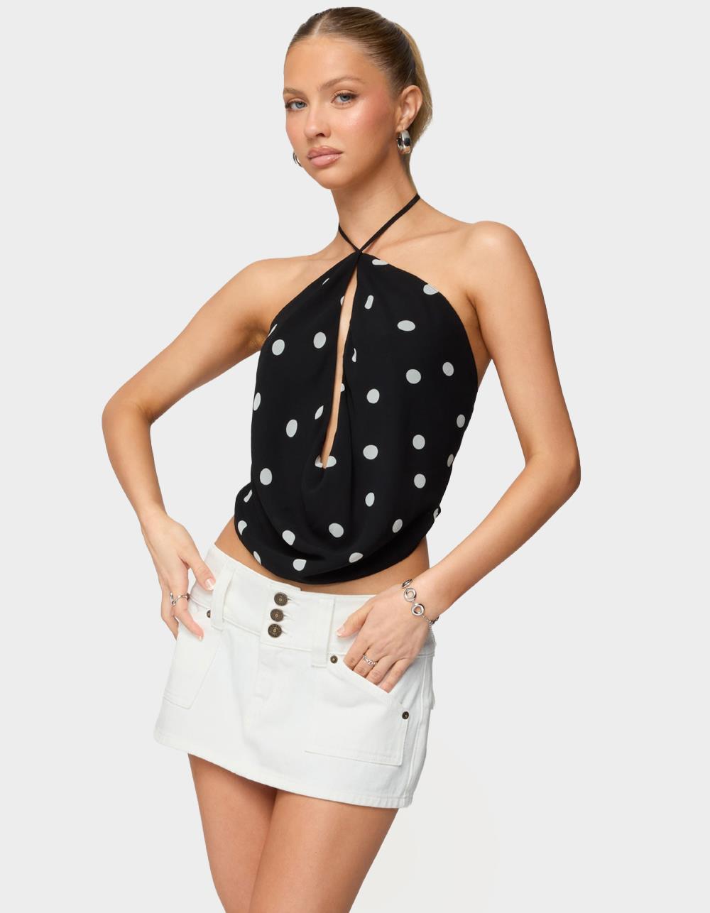 EDIKTED Chiffon Backless Cowl Neck Top - BLACK