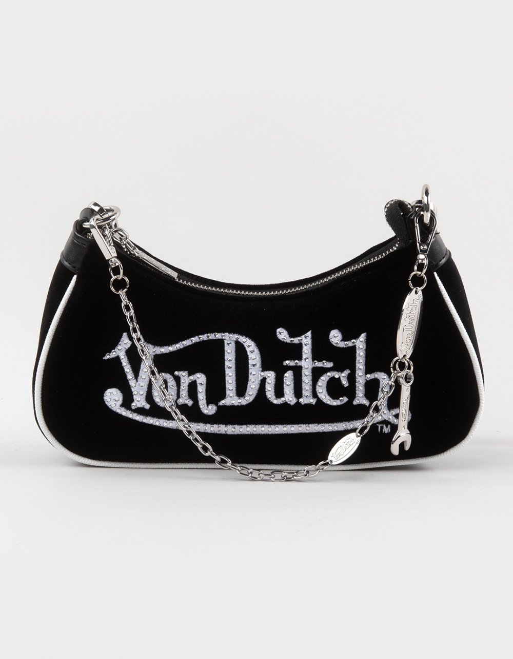 VON DUTCH Rhinestone Velvet Shoulder Bag - BLACK