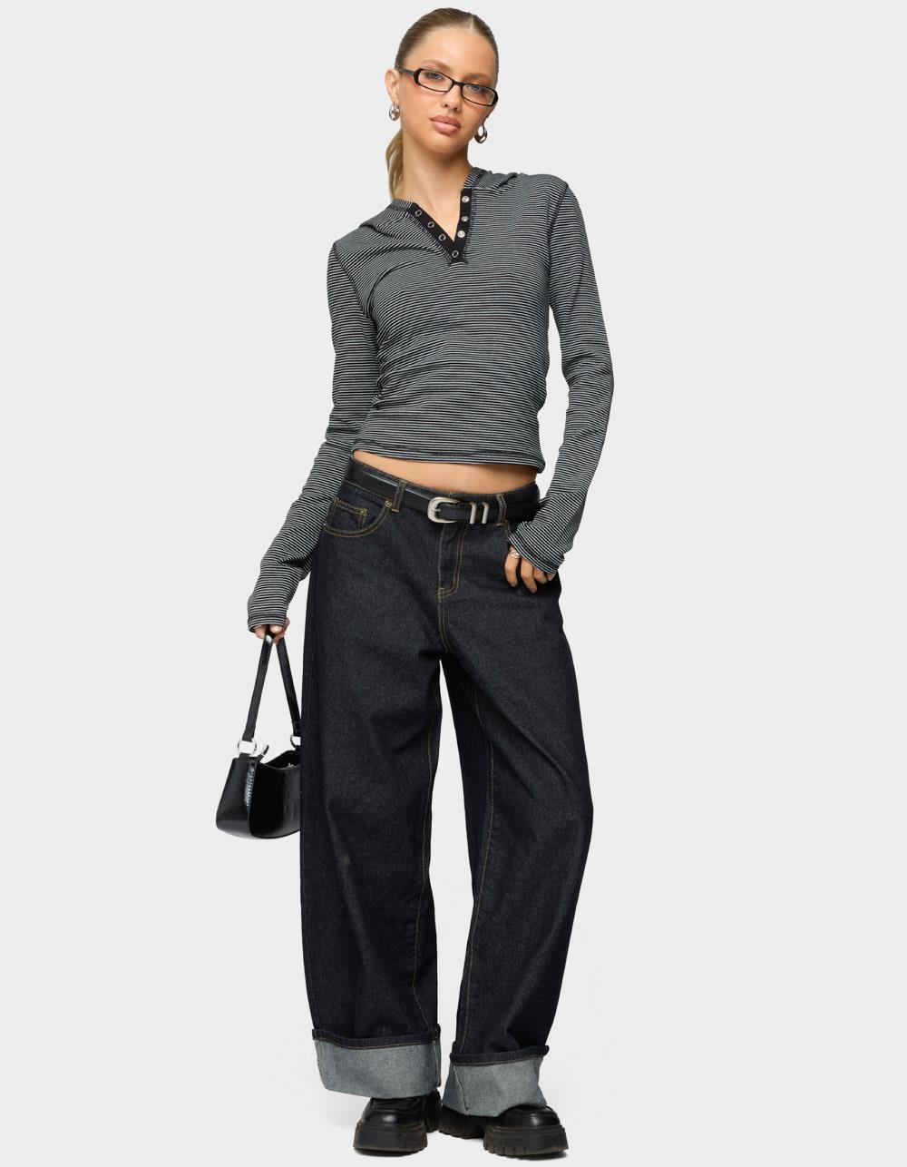 EDIKTED Damson Striped Hooded Henley Top - BLACK