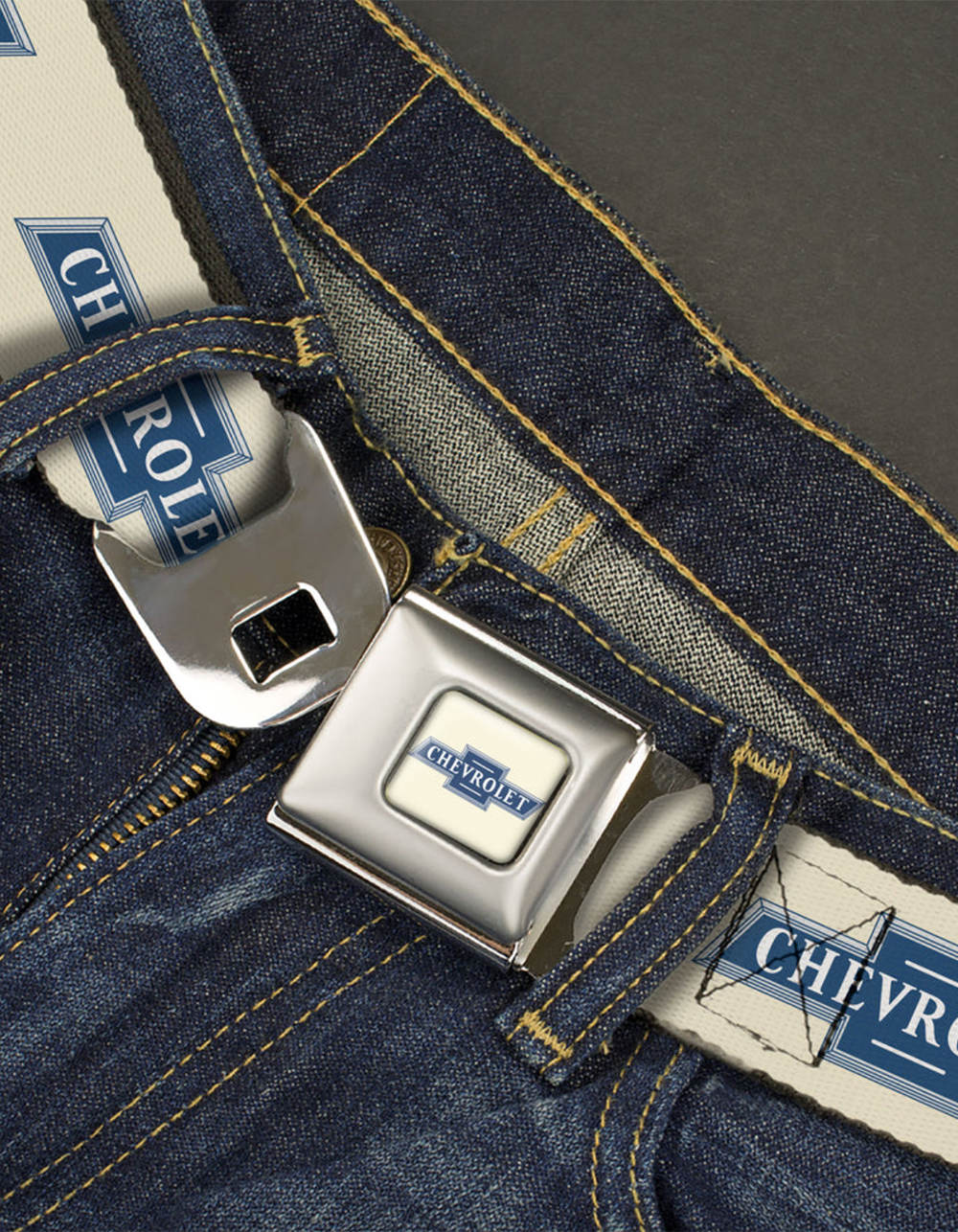 BUCKLE-DOWN Chevrolet 1940 Bowtie Text Logo Seatbelt Belt - BLUE/WHT