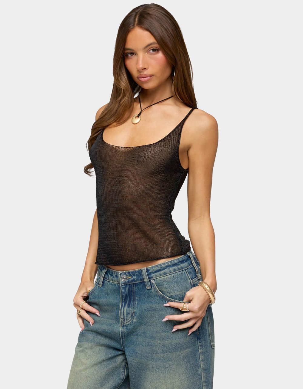 EDIKTED Meena Shiny Knit Tank Top - BLACK