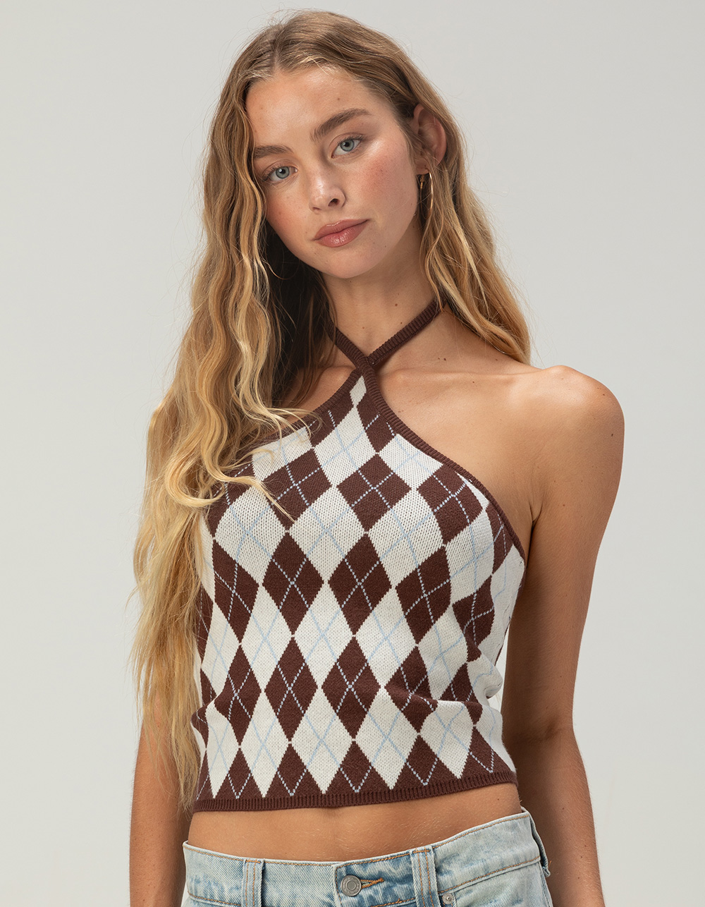 RSQ Womens Argyle Sweater Halter Top - BROWN COMBO