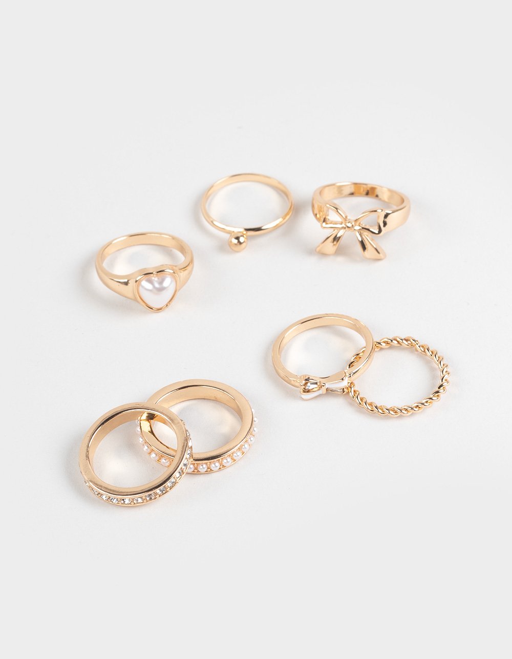 FULL TILT 7 Pack Pearl/Heart Rings - GOLD