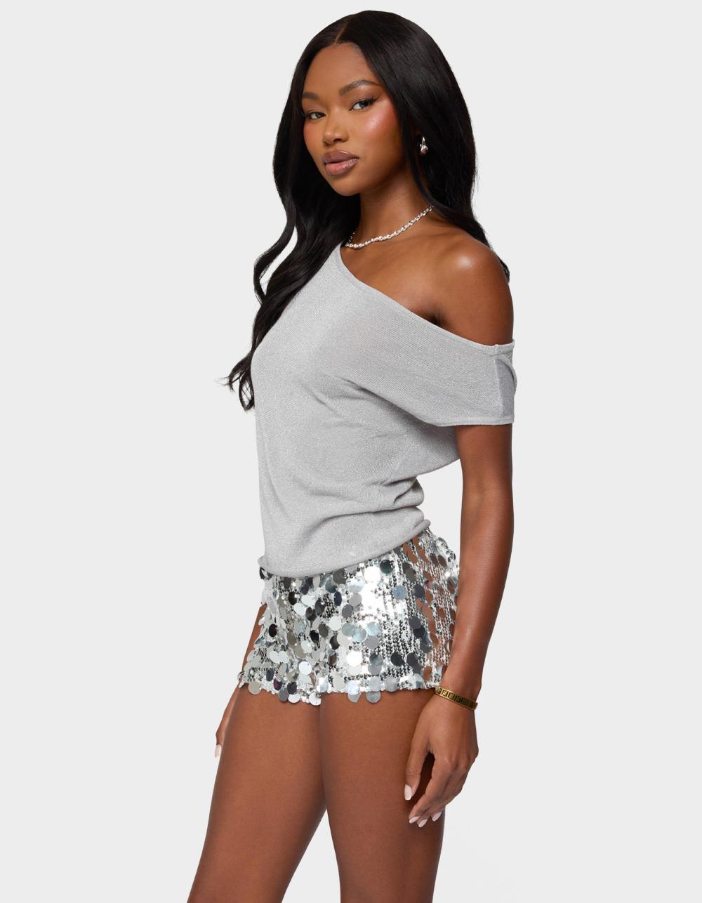 EDIKTED Holly Glitter Off Shoulder Top - SILVER