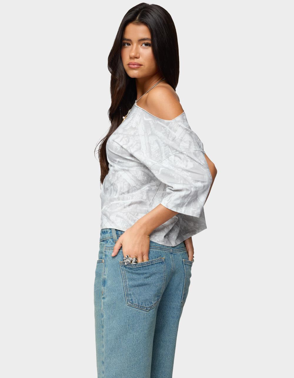 EDIKTED Davida Off Shoulder Camo Top - GRAY