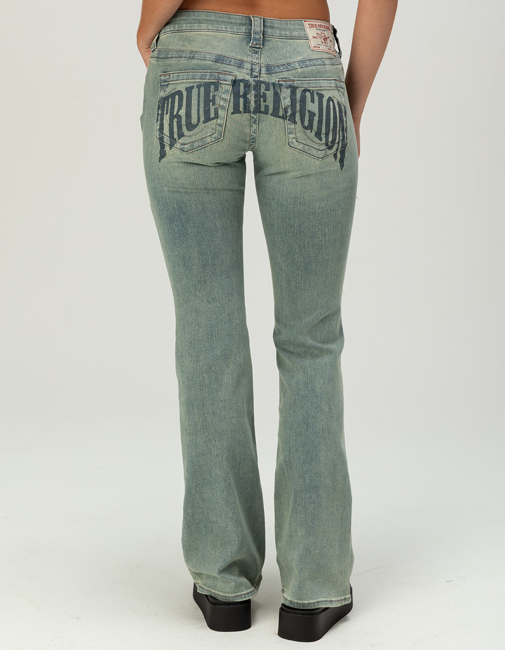 TRUE RELIGION Becca Womens Mid Rise Arched Logo Bootcut Jeans - TINTED DENIM