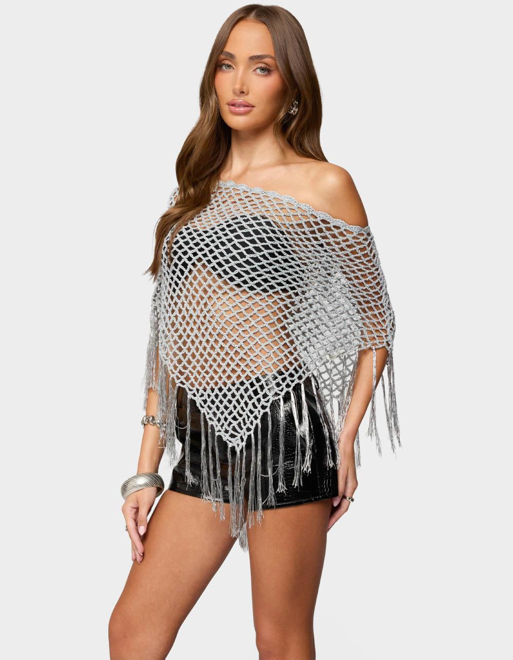 EDIKTED Evette Fringe Open Knit Metallic Poncho - SILVER