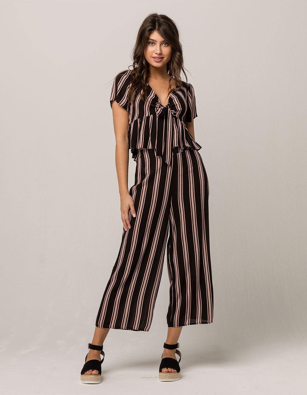 SKY AND SPARROW Stripe Tie Front Womens Top And Pants Set - BLACK COMBO ...
