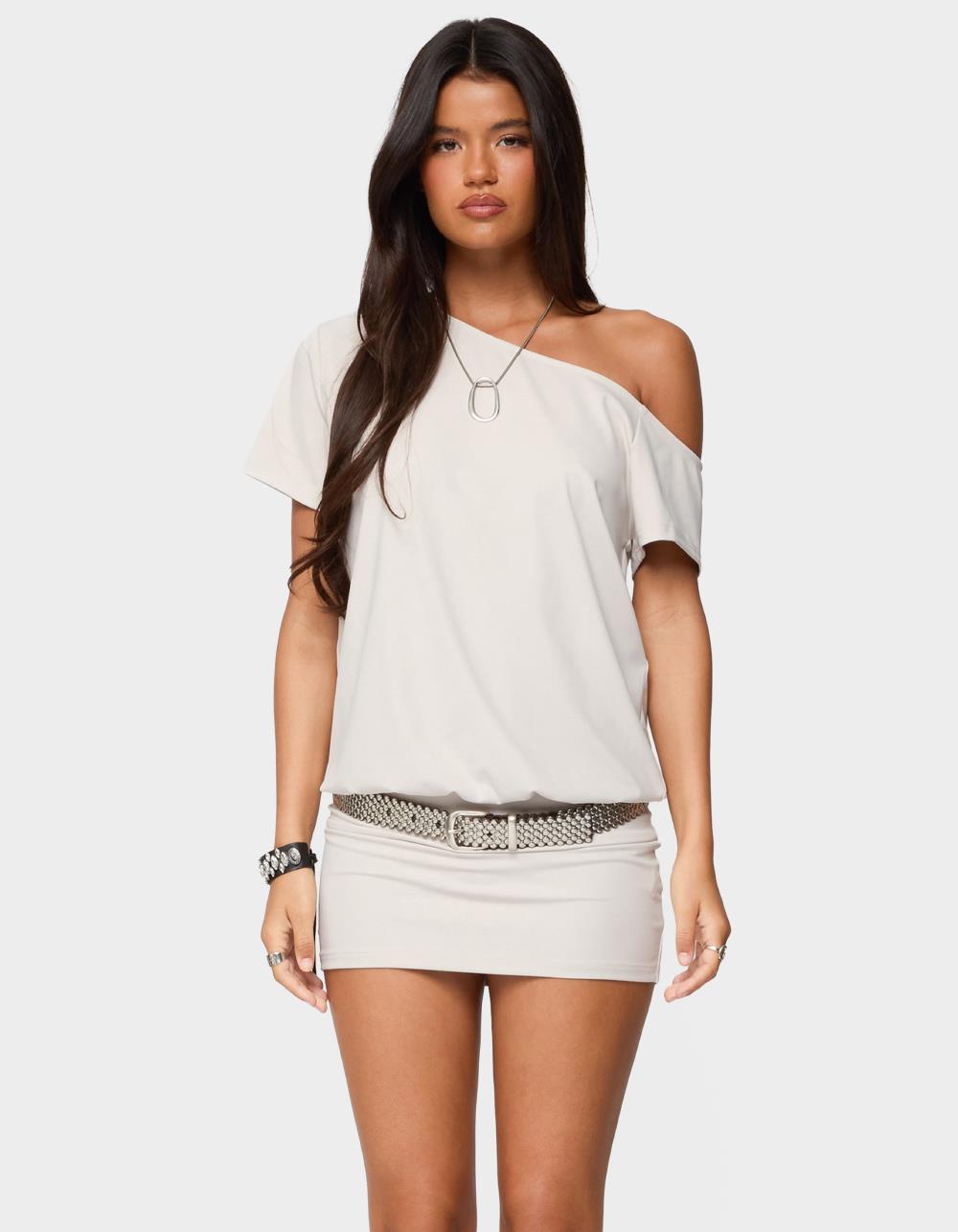 EDIKTED Dorie Off Shoulder Cut Out Mini Dress - GRAY