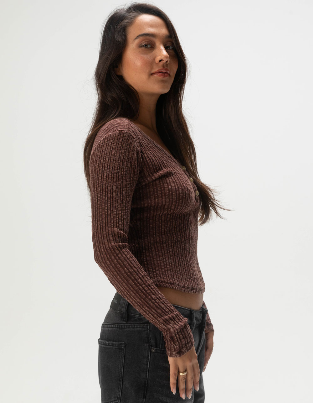 FULL TILT Womens Rib Long Sleeve Henley Top - BROWN