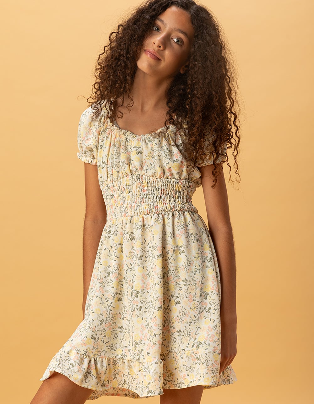 NO COMMENT Emma Girls Smocked Dress - YELLOW COMBO