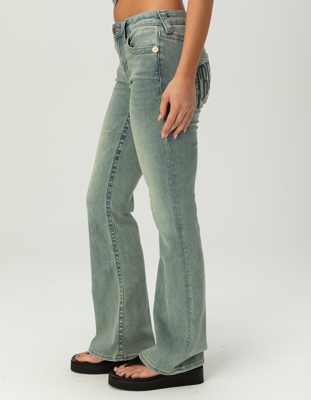 TRUE RELIGION Becca Womens Mid Rise Arched Logo Bootcut Jeans - TINTED DENIM