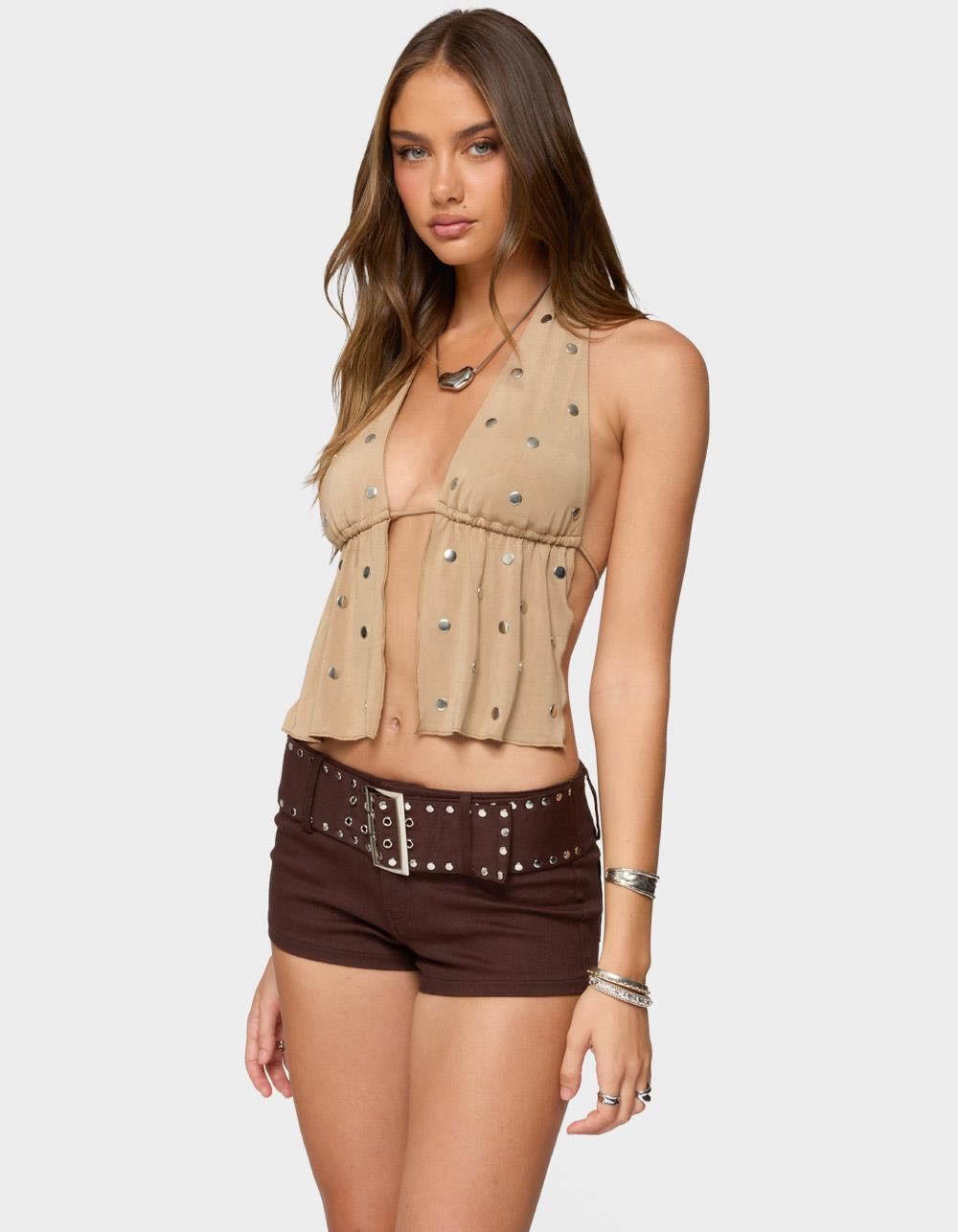 EDIKTED Studded Backless Split Front Top - BROWN