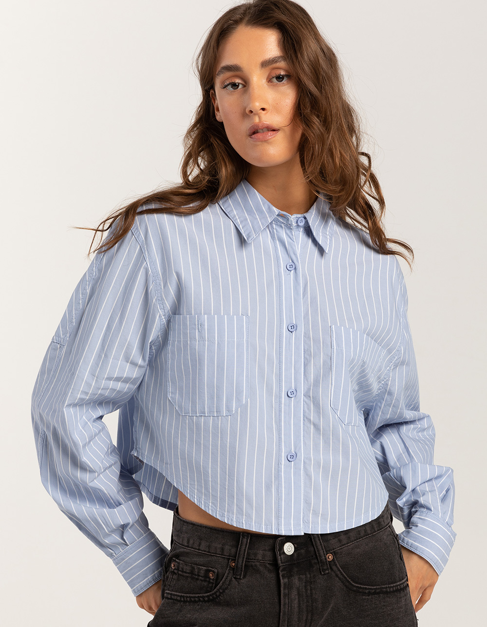 RSQ Womens Stripe Crop Long Sleeve Button Up Shirt