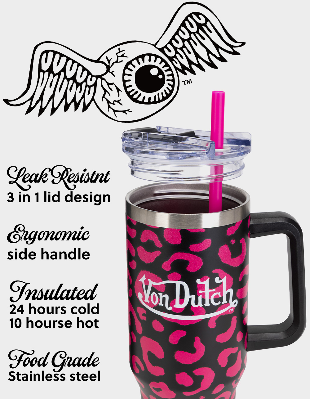 VON DUTCH 40oz Hot Pink Cheetah Double Walled Insulated Stainless Steel Tumbler - CHEETAH