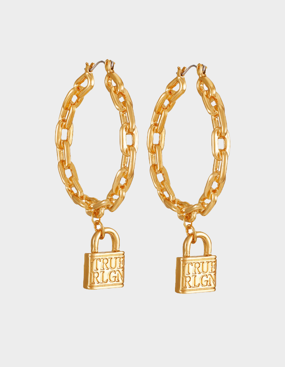 TRUE RELIGION Chain Padlock Charm Hoop Earrings - GOLD