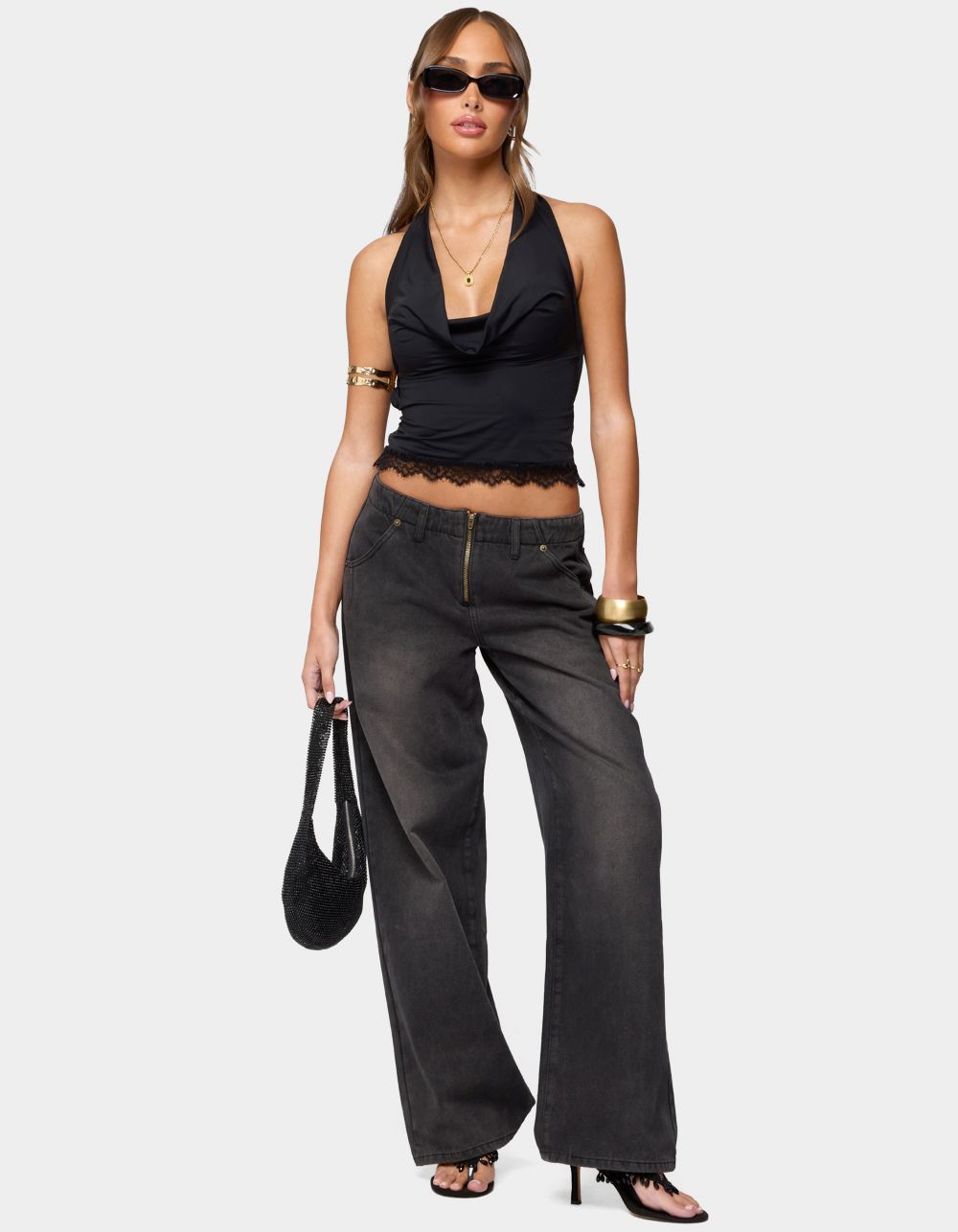 EDIKTED Aliyah Zip Low Rise Jeans - BLACK