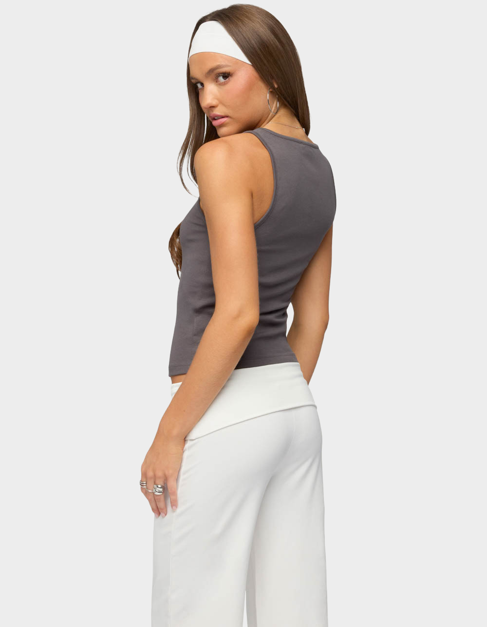 EDIKTED Contrast Button Up Ribbed Tank Top - GRAY