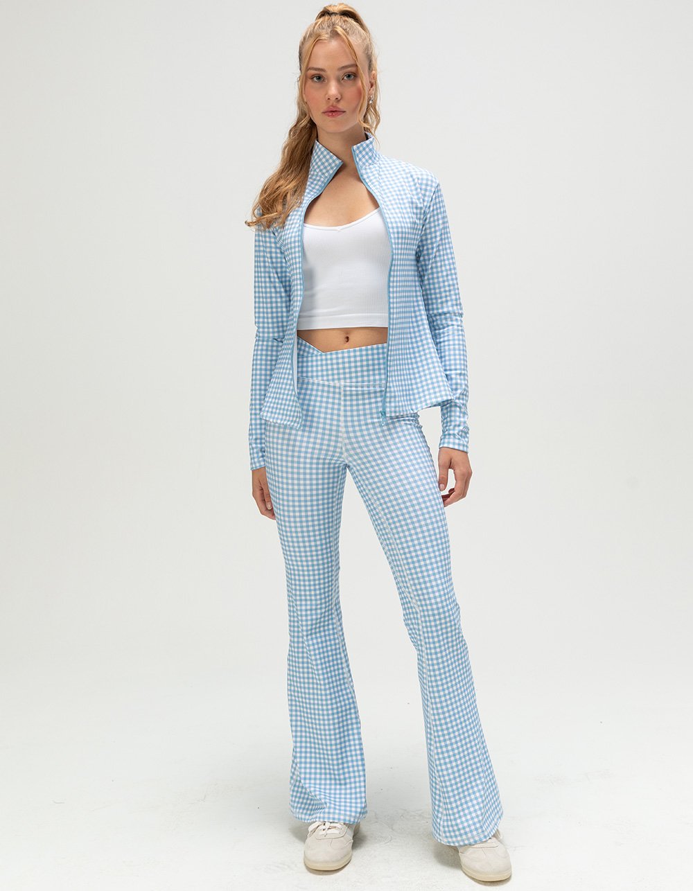 HAPPY CAMP3R Sky Blue Gingham Womens Active Pants - BLUE/WHT