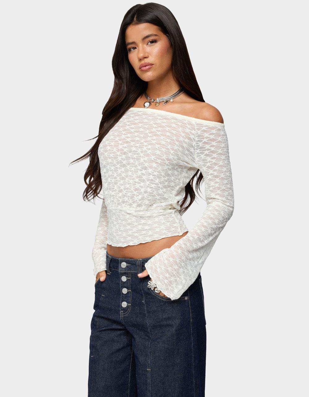 EDIKTED Alef Sheer Lace Off Shoulder Top - BEIGE