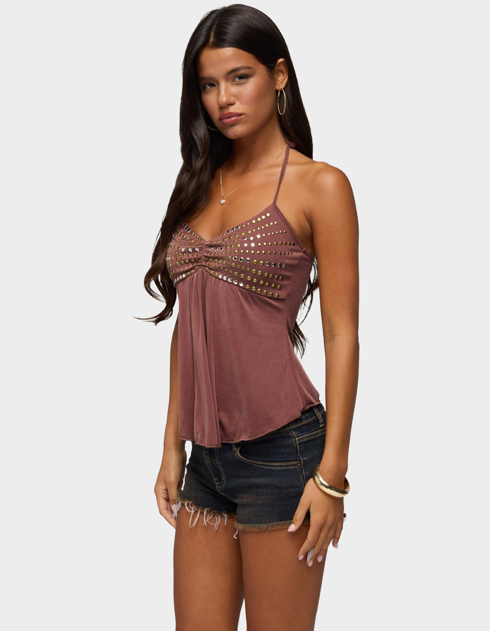 EDIKTED Ivana Studded Halter Top - BROWN