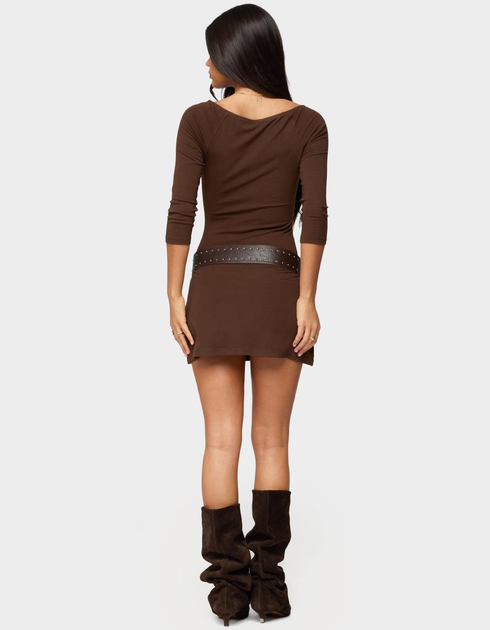 EDIKTED Jadey Boat Neck Mini Dress - BROWN