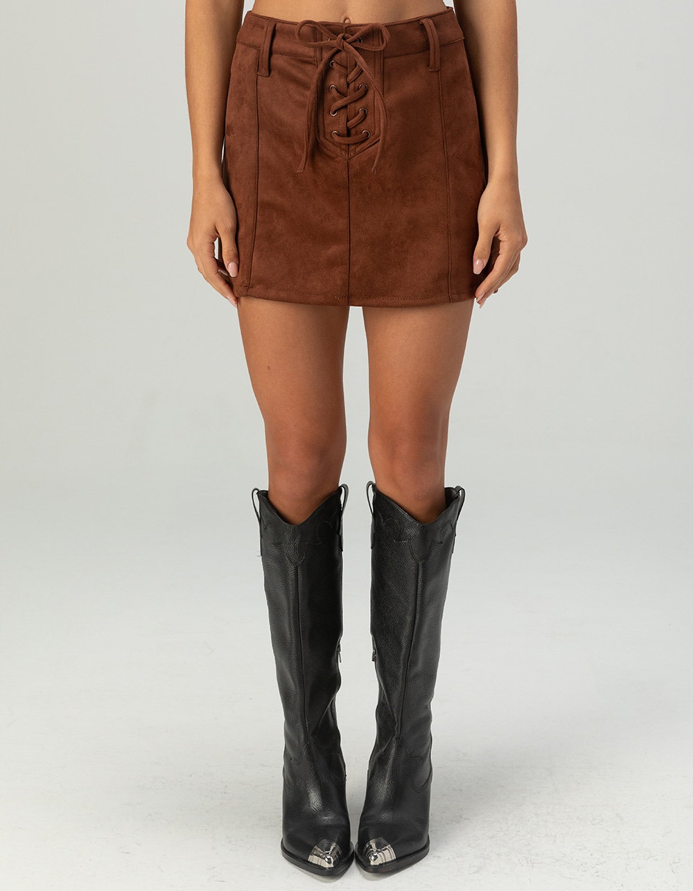 WEST OF MELROSE Suede Lace Up Womens Mini Skirt - BROWN